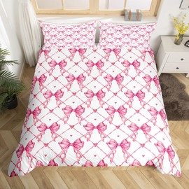 Homemissing Bow Bedding Set Single Size Girls Bow Bedding Duvet Cover Set For Boys Teens Decor Cute Bowknot Comforter Cover Set Kawaii Pink Bedspread Cover Bedroom Quilt Cover 2Pcs