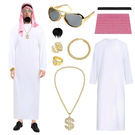 Gxlaihly Arabic Sheikh Costume Men, Arab Man Robe Cosplay Costume, Sheikh Arabian, Arabic White Robe with Headscarf, Finger Ring, Necklaces, Bracelet, Sunglasses for Party, Cosplay (XXL)