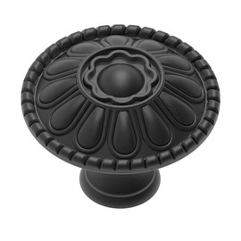 trust4care 4-Pack Euro-Style Matt Black Kitchen Cabinet Knobs, 1.25" Round Zinc Drawer Knobs with Victorian Floral Pattern, Farmhouse & Vintage Dresser Furniture Handle Hardware