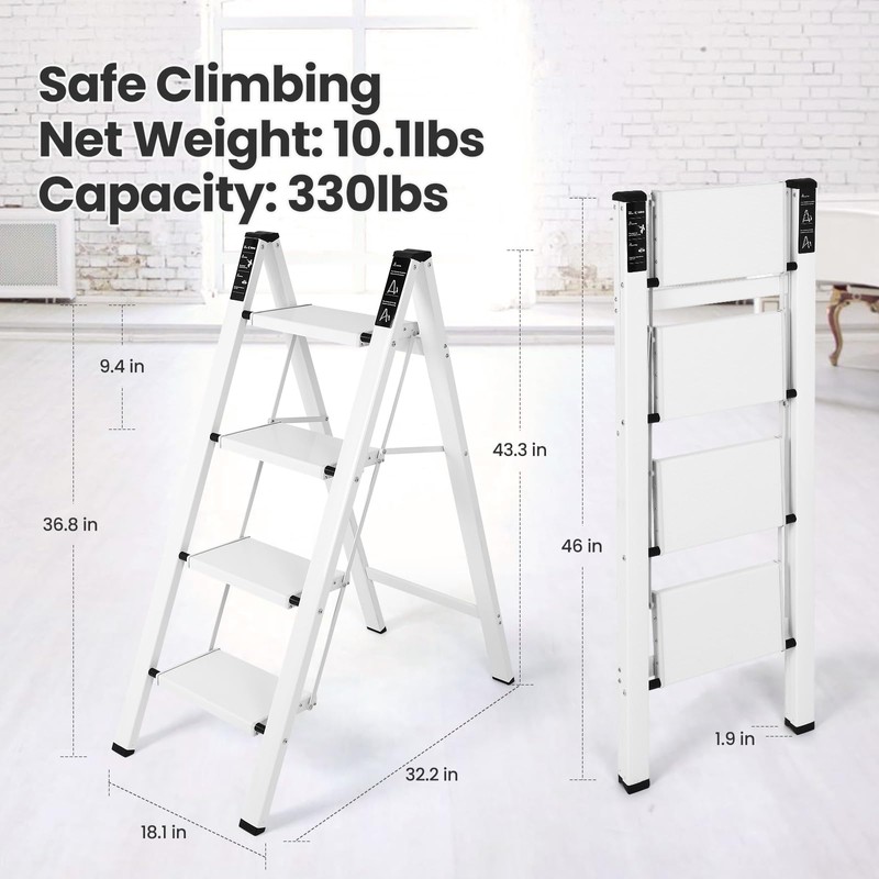 FAHKNS White 4 Step Ladder, Aluminum Light Folding 4 Step