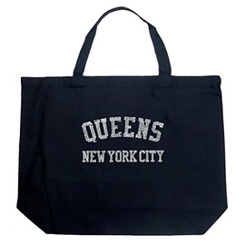 LA POP ART Word Art Large Tote Bag - Popular Neighborhoods in Queens New York - Word Art Black