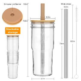 Luxgola 24oz Glasses Tumbler with Bamboo Lid,2 Pack Wide Mouth Mason Jar Drinking with Straw, Reusable Glass Tea Cup for Smoothie,Iced Coffee,Water,Juice -Coffee/Grey