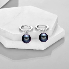 925 Sterling Silver Black Pearl Hoop Earrings Dangle Drop Jewelry Gifts for Women (Black Pearl)