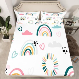 Girls Catoon Rainbow Fitted Sheet Pink Love Heart Bed Sheet Set Decor Cute Cloud Bedding Set Kawaii Stripes Polka Dots Theme White Bed Cover Bedroom Quilt Cover 3Pcs Full