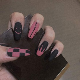 BABALAL Coffin Press on Nails Medium, 24Pcs Black Fake Nails Matte Glue on Nails Purple Red Flame Goth Ballerina Acrylic Nails Manicure False Nails Design for Women and Girls