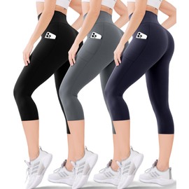 Blisset Women's High Waisted Capris with Pockets, Tummy Control Non See Through Workout Athletic Running Yoga Capri Leggings