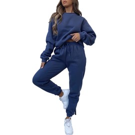 amropi Women's Pullover Tracksuit Fleece Sweatshirt Jogging Pants 2 Pieces Sweatsuits Blue, XXL