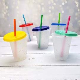 Unbranded Set of 5 Confetti Color Changing Kids Cups with Colored Lids and Straws 16oz