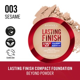 Rimmel Lasting Finish 25 HR Compact Foundation 003 Sesame, Matte Buildable Coverage, Powder-to-Cream, Anti-Pollution Shields, SPF 20, Hyaluronic Acid, Waterproof, Hides Imperfections