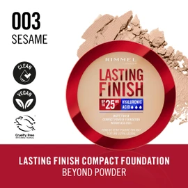 Rimmel Lasting Finish 25 HR Compact Foundation 003 Sesame, Matte Buildable Coverage, Powder-to-Cream, Anti-Pollution Shields, SPF 20, Hyaluronic Acid, Waterproof, Hides Imperfections