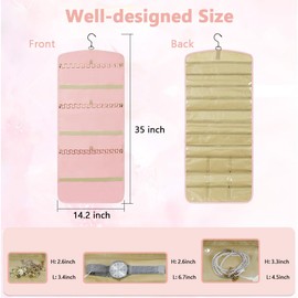 Aucuu Dual-sided Jewelry Organizer Hanging, Hanging Jewelry Organizer, Jewelry Roll with Metal Hooks, 39 Pockets and 3 Wave-Shaped Hooks, Double Side Large Jewelry Holder for Earrings Necklaces Rings