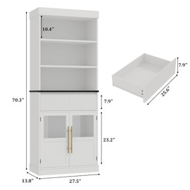 Garveehome 70" Tall Kitchen Pantry Cabinet, Bathroom Storage Cabinets with Drawer & Glass Doors, Floor Cabinet for Office, Living Room, Dining Room, Entryway (White)
