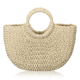 Frienda Straw Tote Bag Summer Beach Bag Handmade Straw Rattan Woven Handbag for Women Travel(10.24 x 5.51 x 7.09 Inch,Beige)