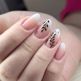 24Pcs Almond Press on Nails Medium French Tip Fake Nails with Leaf Designs Pink White Glue on Nails Full Cover Acrylic Artificial Nails Fall Leaves Nails Press ons False Nails for Women