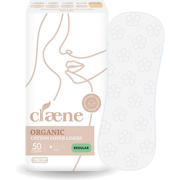 Claene Organic Cotton Panty Liners, Unscented,Thin, Cruelty-Free, Daily, Breathable, Light Incontinence, Natural Pantyliners, Vegan, Menstrual Pads for Women (Regular, 50P)