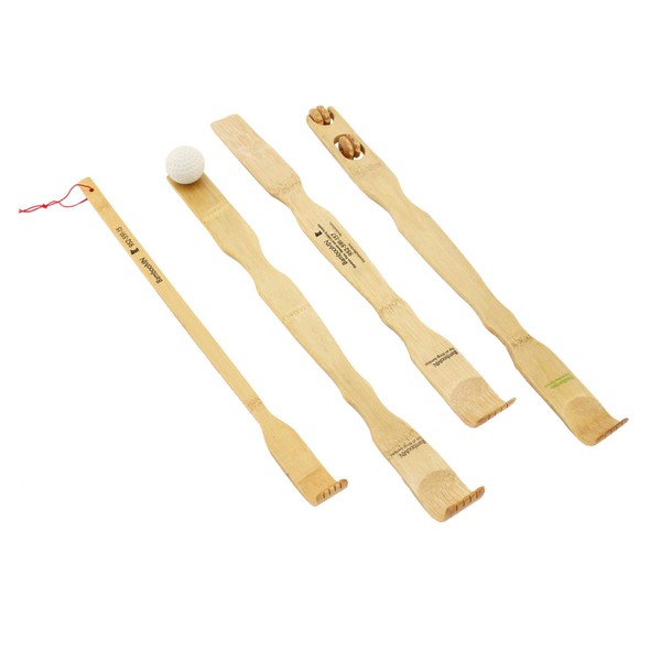 BambooMN 4 Piece Set Traditional Back Scratcher Shoe Horn and Body Relaxation Massager Set for Itching Relief, 100% Natural Bamboo