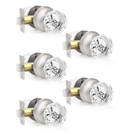 Orger 5 Pack Glass Door Knobs for Hallway and Closet, Crystal Passage Door Knobs with Round Diamond Shape, Non-Locking Interior Door Handles, Round Rosette with Satin Nickel Finish