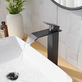BATHLAVISH Oil Rubbed Bronze Vessel Sink Faucet, Black Tall Bathroom Faucet Waterfall, Single Hole Single Handle Modern Vanity Lavatory with Pop Up Drain Without Overflow