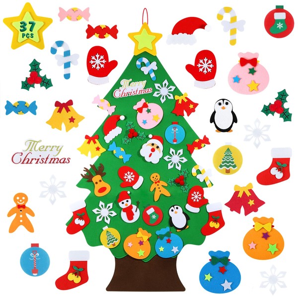 DIY Felt Christmas Tree - 3.6 FT Felt Christmas Tree for Kids with 37 Pieces of Ornament Decor, DIY Xmas Gifts for Kids, Wall Hanging Christmas Tree Decorations