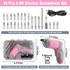 WORKPRO Pink Cordless Screwdriver Set, 3.6V Electric Rechargeable Eccentric Power Screwdriver Kit with 24Pcs Bits, Delay-off LED Light, 2000mAh High-Capacity Battery, Carrying Case Included