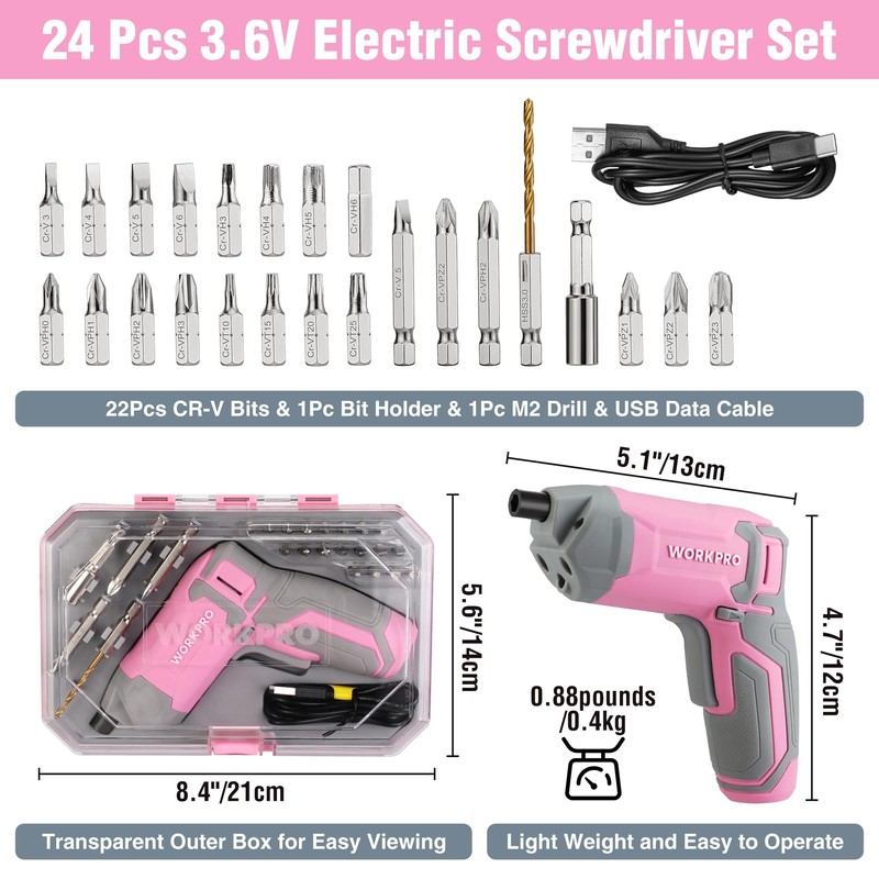 WORKPRO Pink Cordless Screwdriver Set, 3.6V Electric Rechargeable Eccentric Power