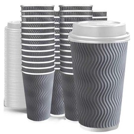 LEAGIM 100 Set - 16 oz Coffee Cups with Lids, Disposable Insulated Corrugated Paper Cups, Double Wall Ripple To Go Cups for Hot Drinks, Chocolate, Cocoa (Grey)