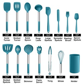 LIANYU 15-Piece Kitchen Cooking Utensils Set with Holder, Silicone Kitchen Tools Stainless Steel Handle, Slotted Spatula Spoon Turner Tong Whisk Brush for Cooking, Dark Blue
