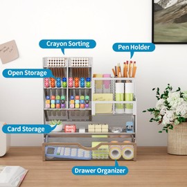 Marbrasse Mesh Pen Holder for Desk, Pen Organizer with Drawer, Multi-Functional Pencil Organizer, Desk Organizers and Accessories for Office Art Supplies (Silver)