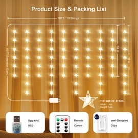 Star Curtain Lights Hanging Star Lights for Window 70 Stars String Lights for Wall Décor USB Plug in 8 Modes Twinkle Fairy Lights for Christmas, Bedroom, Indoor, Outdoor, Weddings, Party (Warm White)