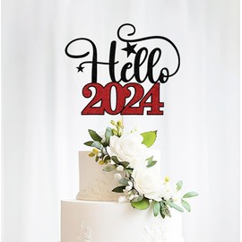 Bejotaa Hello 2024 - Decoración de fiesta de Año Nuevo, decoración para tartas, Feliz Año Nuevo, 2024, suministros para fiestas, Feliz Año Nuevo, decoración de fiesta de Año Nuevo (Hola 2024, color negro y rojo)