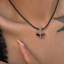 MOKAVIKY 25 Black Moth Pendant Necklace for Men Women Punk Skull Butterfly Moth Animal Necklace (Red)