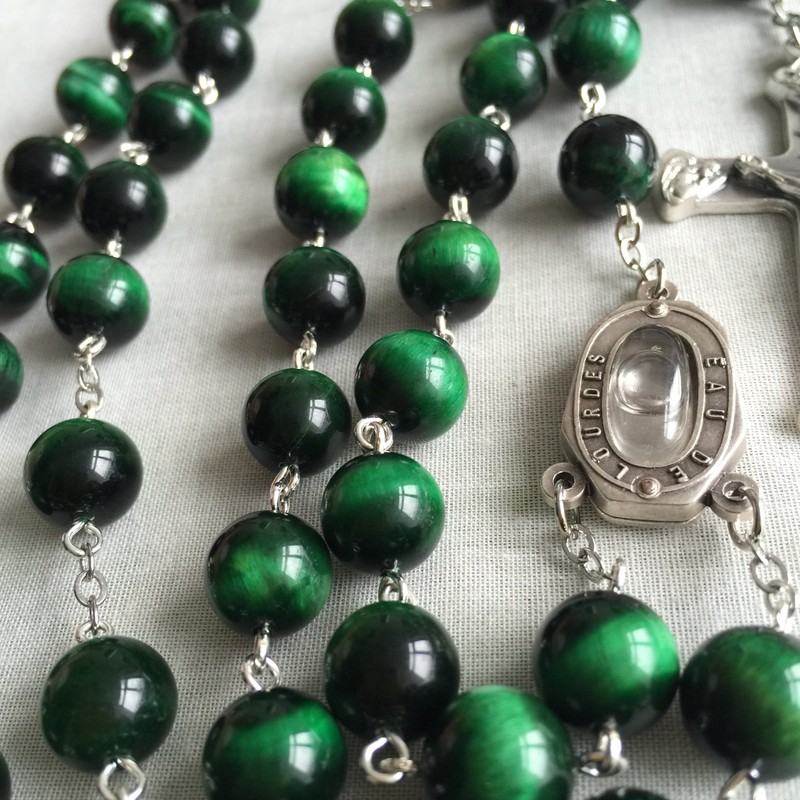 elegantmedical HANDMADE 10MM green Tiger Eye Bead Rosary CROSS catholic