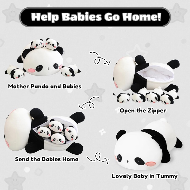 Panda Mommy Plush with 4 Babies – 5-in-1 Stuffed Animal