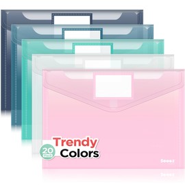 Sooez 20Pack Plastic Envelopes, Plastic File Folders, Clear Folders for Documents Trendy Colors, Super Heavyweight Plastic Document Holders, Storage Pouches, File Envelopes for School Office Supplies
