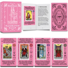 Smoostart German Pink Tarot Cards with Meanings, Tarot Cards Deck with Guidebook for Beginners, Keywords, Element, Planet, Zodiac, Chakra, Yes or No, Musical Pitch, Numerology, Hebrew Alphabet