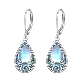 POPLYKE Filigree Moonstone Earrings 925 Sterling Sliver Teardrop Celtic Dangle Earrings Abalone Shell Filigree Jewelry for Women
