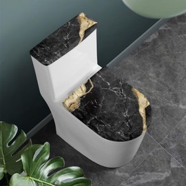 KUIFORTI Black Marble Toilet Lid Cover and Seat Cover Set Reusable Replacement Fabric Elastic Toilet Decoration Universal Fit Elongated Oval Round