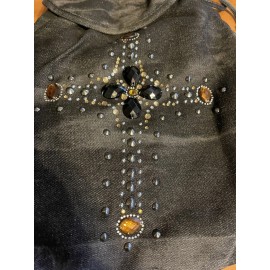 Claires Claire’s DRAWSTRING BACKPACK Faded Black with Cross Gemstone Embellishments