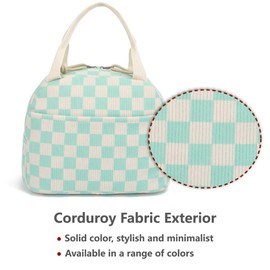 Lunch Bag for Women Men Reusable Insulated Lunch Tote Bag Leakproof Foldable Lunch Box for Picnic Work Travel Food Storage Bag Girls Boys Cute Corduroy Lunch Cooler (Checkered Green)