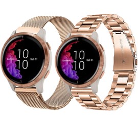 Metal Strap for Garmin Vivoactive 6/5/3, Garmin Forerunner 165/55/245/645, 2Pack 20mm Metal Wristband Strap for Venu/Sq/Sq 2/Venu2 Plus 43mm Men Women Rose Gold