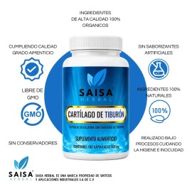 Cartílago De Tiburón | Suplemento Alimenticio 100% Puro | 100 Cápsulas De 500 Mg C/u. | Saisa Herbal | Ayuda a huesos, articulaciones, salud ósea