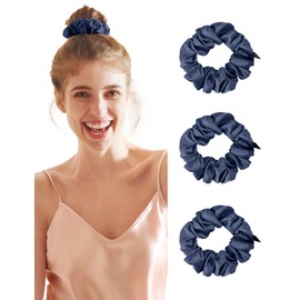 THXSILK 100% Mulberry Silk Scrunchies for Women, No Damage Hair Ties for Grils, Silk Smooth Ponytail Holder, Medium 3 PCS, Navy Blue