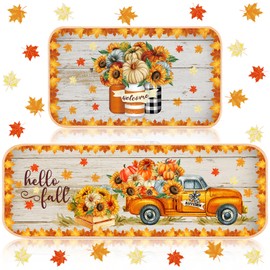 Suttmin 2 Pieces Fall Kitchen Rugs Hello Fall Mats Pumpkin Sunflower Orange Maple Leaf Mat Floor Rug for Holiday Autumn Thanksgiving Home Decor, 17 x 29 Inches, 17 x 47 Inches
