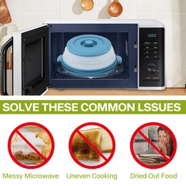 Microwave Food Splatter Cover & Base Mat,10.5 Inch Large Plastic & Silicone Vented Collapsible Guard Lid, Plate Holder & Kitchen Colander for Meal (Blue)