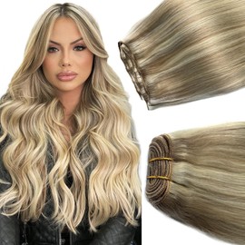 Sew in Hair Extensions Real Human Hair,Ash Blonde Balayage Blonde Weft Hair Extensions Human Hair,12 Inch 80G Hand Tied Weft Hair Extensions Human Hair Weave Sew in Bundles Human Hair Weft Extensions