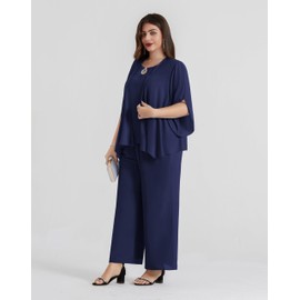 Hanna Nikole Women's Large Sizes Chiffon Evening Suit Sets Cocktail Party Festive Elegant 3-Piece Set Shirt and High Waist Trouser Suit, navy blue