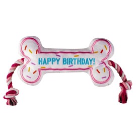 Birthday Bone Interactive Dog Toy - Interactive Tug Rope Pet Toy - Cute Unique Design Party Birthday Gift - Small Medium Puppy - Durable Chew Resistant Plush Toy with Squeaker for Teething (Pink)