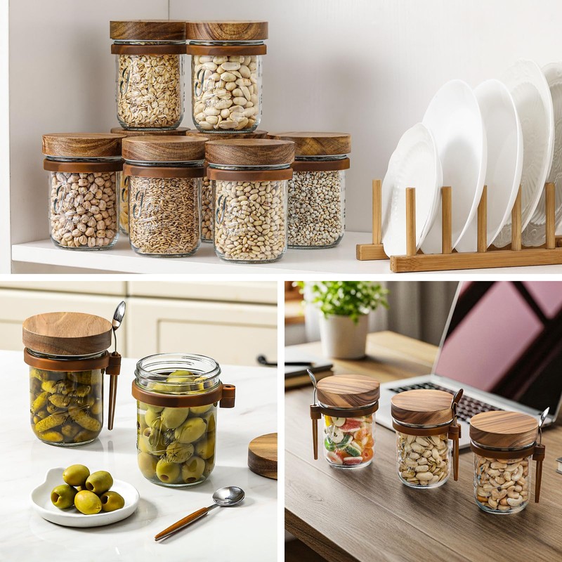 4 Pack Overnight Oats Containers with Wooden Lids and Spoons,