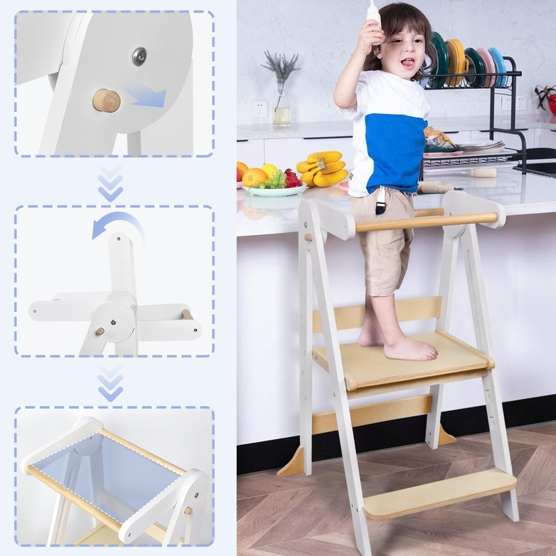 Foldable Toddler Kitchen Tower with Safety Rail, 3-Level Height Adjustable