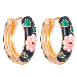 Vintage Enamel Huggie Hoop Earrings for Women Elegant Enamel Flower Huggie Hoop Earrings Dainty Colorful Flower Hoop Earring Trendy Huggie Hoop Earring Jewelry, Large, Copper, No Gemstone